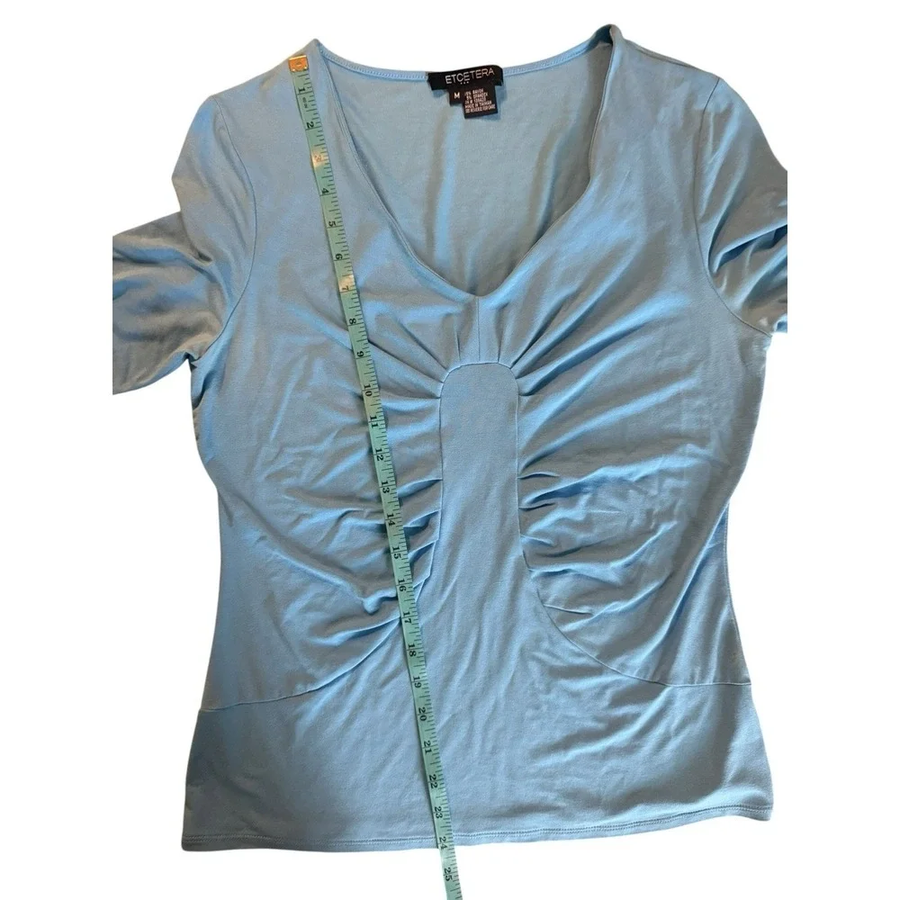 Etcetera Womens M Turquoise Blue Ruched V Neck 3/4 Sleeve Stretch Top